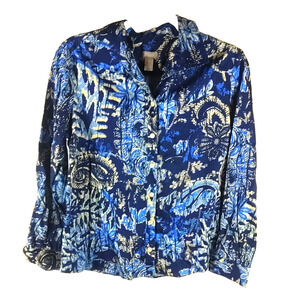 Chico's Women's Button Down Shirt Long Sleeve Size 1 Medium Blue Floral Tree